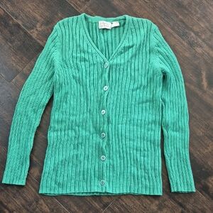 DANA BUCHMAN cardigan Large Lime Green Cotton Ribbed Knit Button Down Sweater